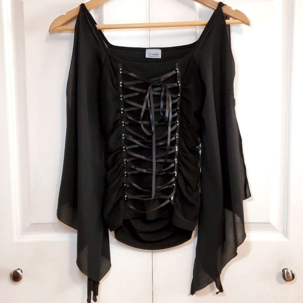 VINTAGE 90’s GOTHIC VAMPIRE LACE UP FLARE SLEEVE RHINESTONE TOP COLD SHOULDER - Picture 1 of 5